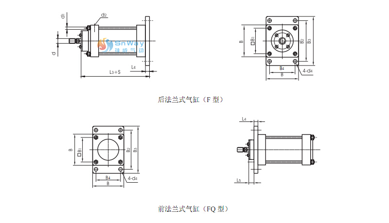 本图介绍的是QGB气缸、QGA气缸型号参数样本尺寸及附件图4